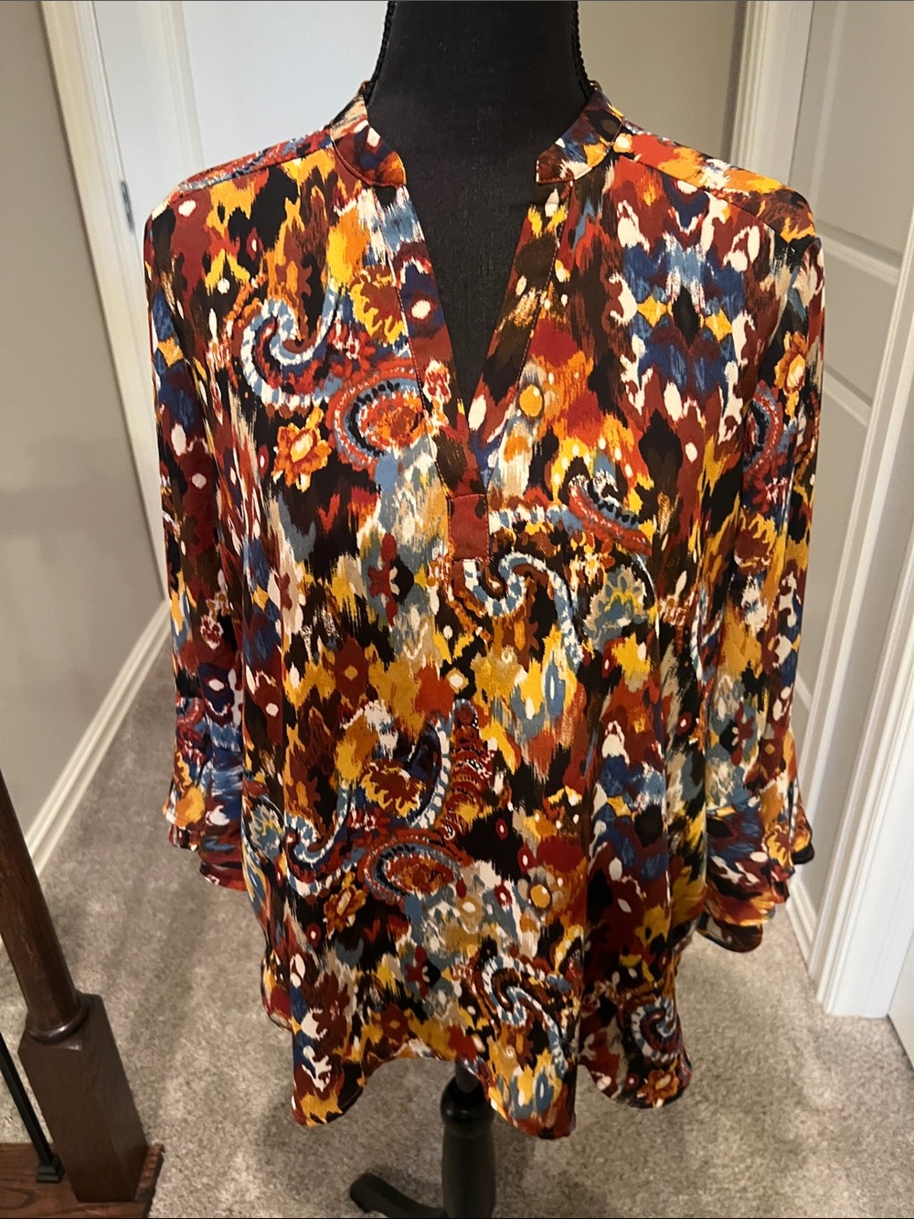 Tacera Multicolor Paisley Split-Neck Tunic in Rust, Mustard & Navy
